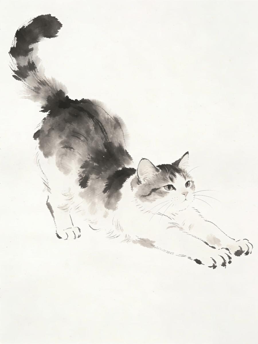 chinese painting, ink wash painting, traditional art, nature, watercolor, asian art, cat, kitten, pet, animal, playful cat, brush stroke, stretching, cute, fluffy, guohua, domestic animal, mammal, possibly, black and white