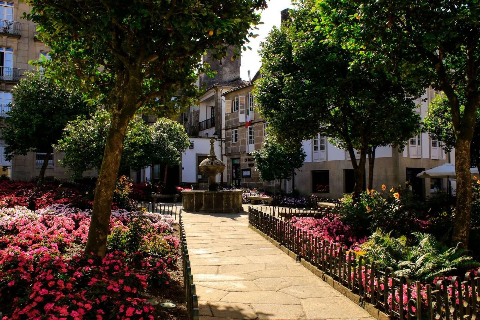 Beautiful garden in Santiago de Compostela with vibrant flowers and historic architecture.