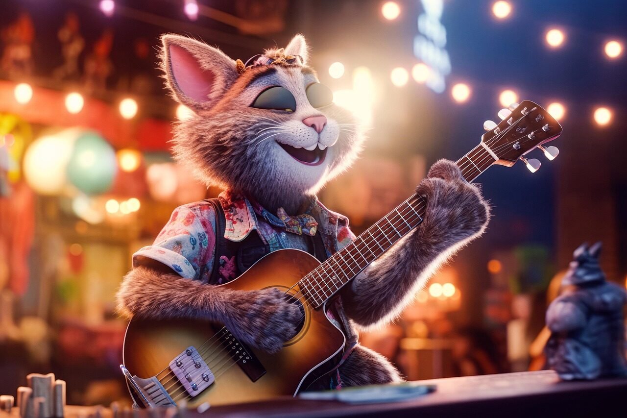 ai generated, cat, guitar, bar, anthropomorphic, fun, musician, festival, pet, concert, digital art, notice, invitation, party, animal, background image
