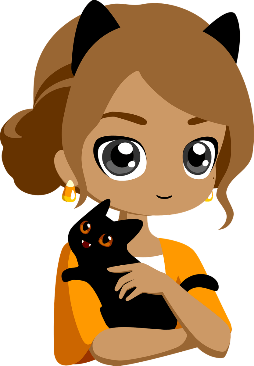 girl, animal, cat, pet, halloween, woman, drawing, cute, chibi