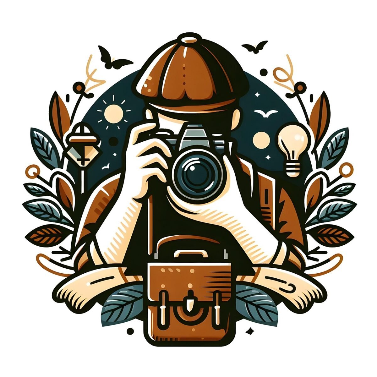 ai generated, man, photographer, taking photos, camera, photography, travel, vintage, retro, digital art, clip art, icon, isolated, nature