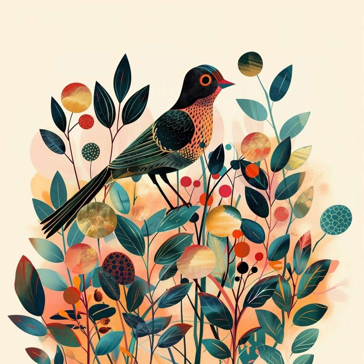 ai generated, bird, flowers, nature, plant, wildlife, art, whimsical, simple