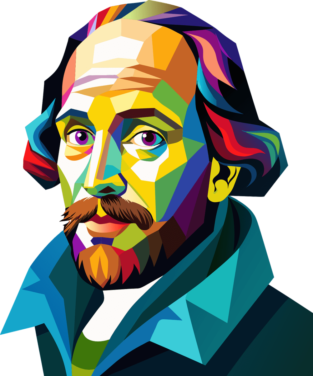 william shakespeare, nature, portrait, author, english, british, playwright, writer, bard, poet, man, male, people, person, human, decorative, decoration, ornamental, colorful, prismatic, chromatic, rainbow, ai generated