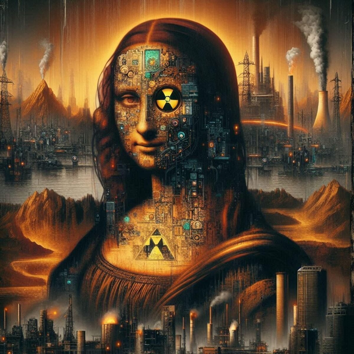 joconda, art, woman, museum, box, famous, smile, beauty, da vinci, revival, portrait, cyberpunk, design, version, perversion, sixteenth century, nuclear, atomic, dystopian, generated by ai