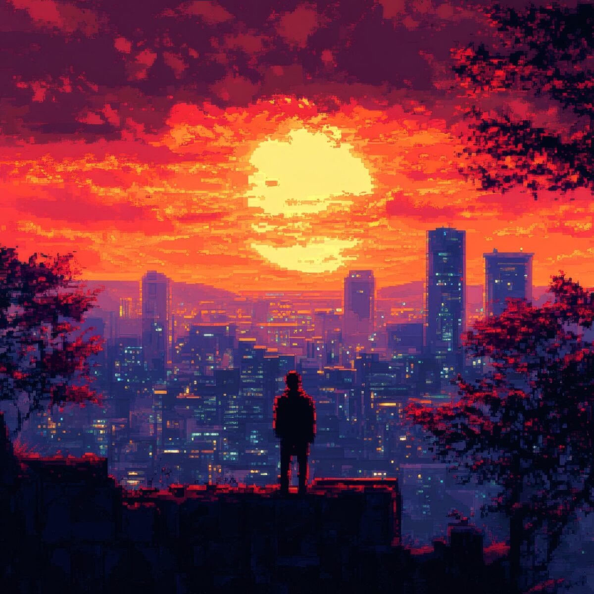 man, overlooking, city, urban, sunset, night, pixel art, stylized, retro, background, retro style, colorful, video game, digital art, retro game, 8-bit, nature, 16-bit, ai generated