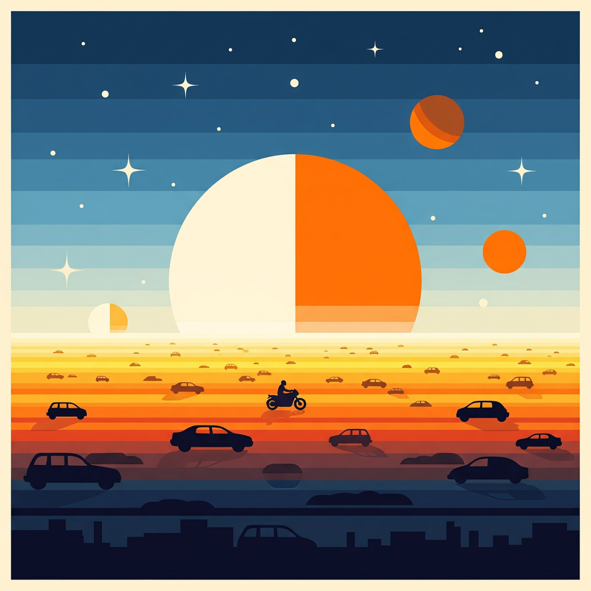 ai generated, vehicles, horizon, nature, landscape, sunset, starry sky, cars, motorcycle, planets, warm colors, minimalist, digital art, surreal, fantasy