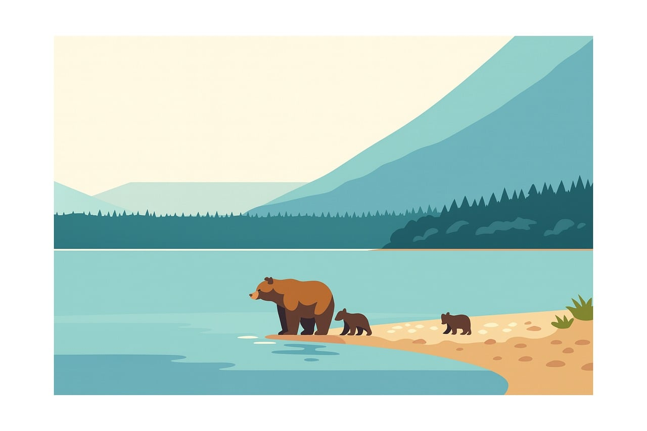 bear, cubs, lake, mountain, nature, wildlife, forest, animals, wilderness, landscape, outdoor, calm, minimalism, water, mother, family, environment, scenic, digital art, ai generated